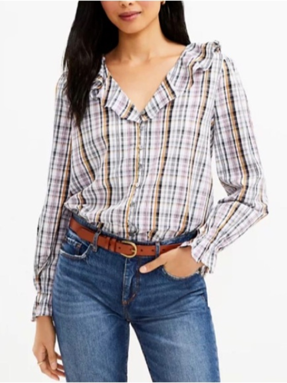 LOFT Plaid Button-Down Ruffle V Neck blouse- size M